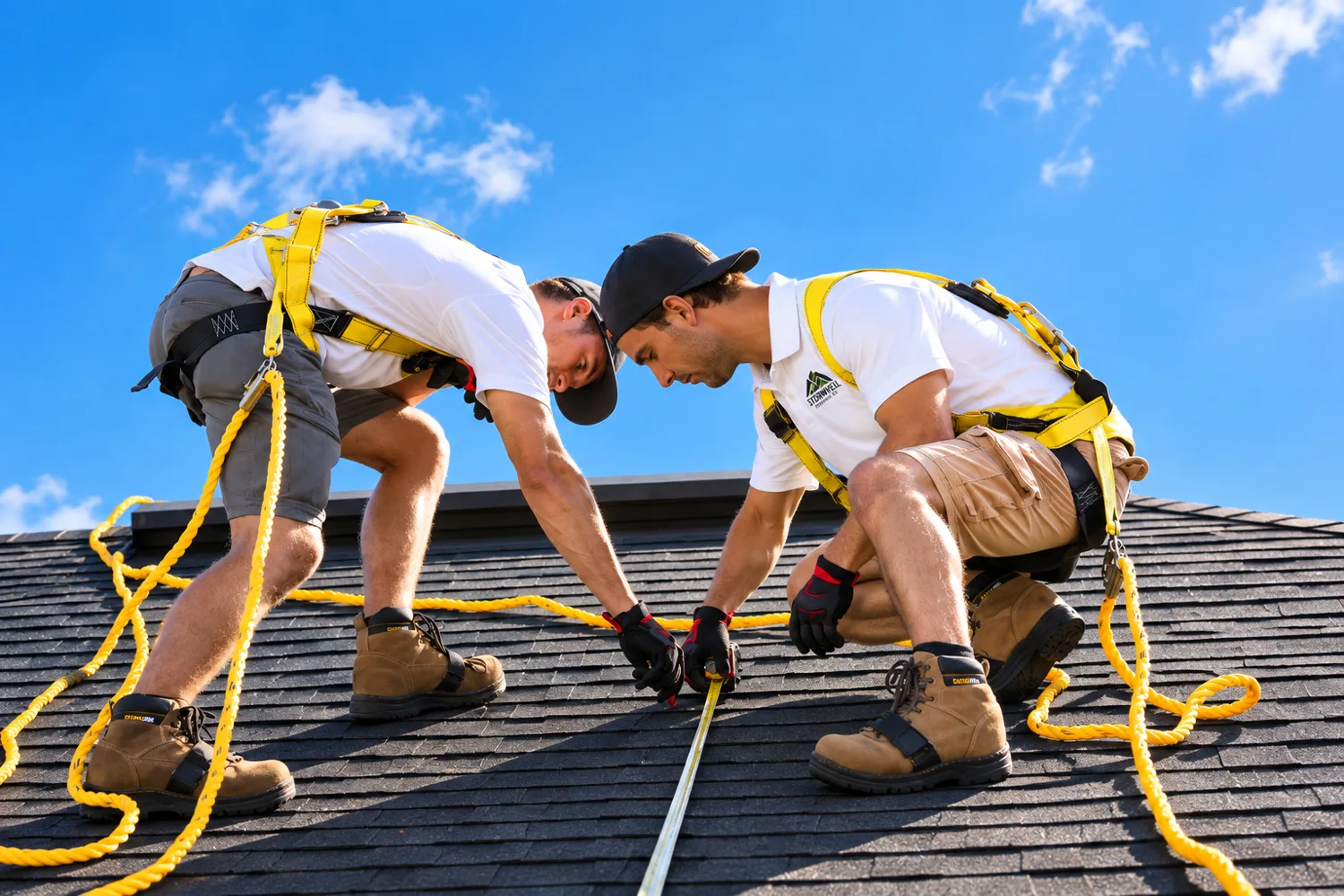 Two harnessed roofers measuring shingles